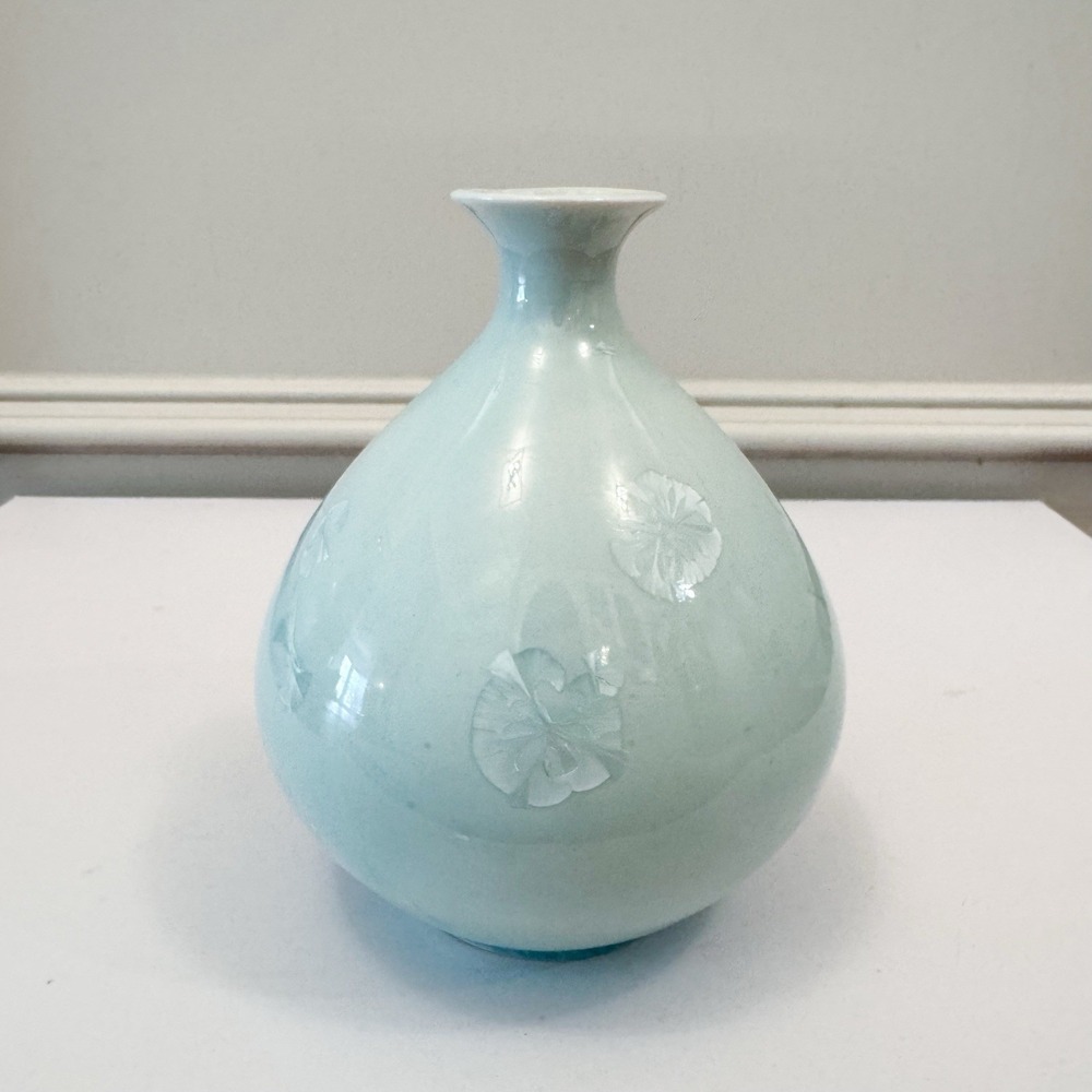 Celadon Ceramic Crystalline Glaze Art Vase, Unsigned Green Blue Korean Style